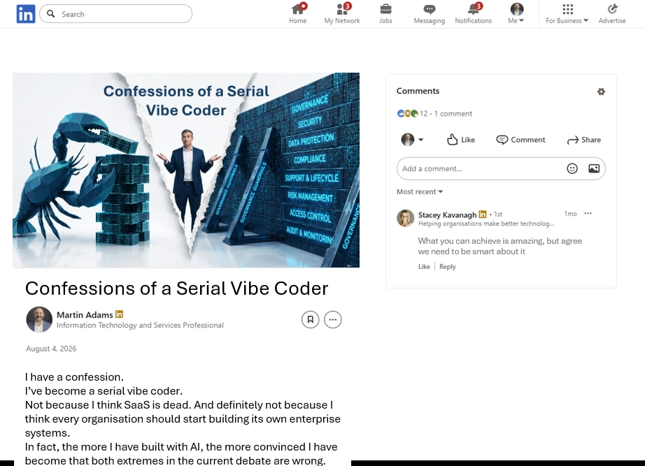 LinkedIn article view for Confessions of a Serial Vibe Coder